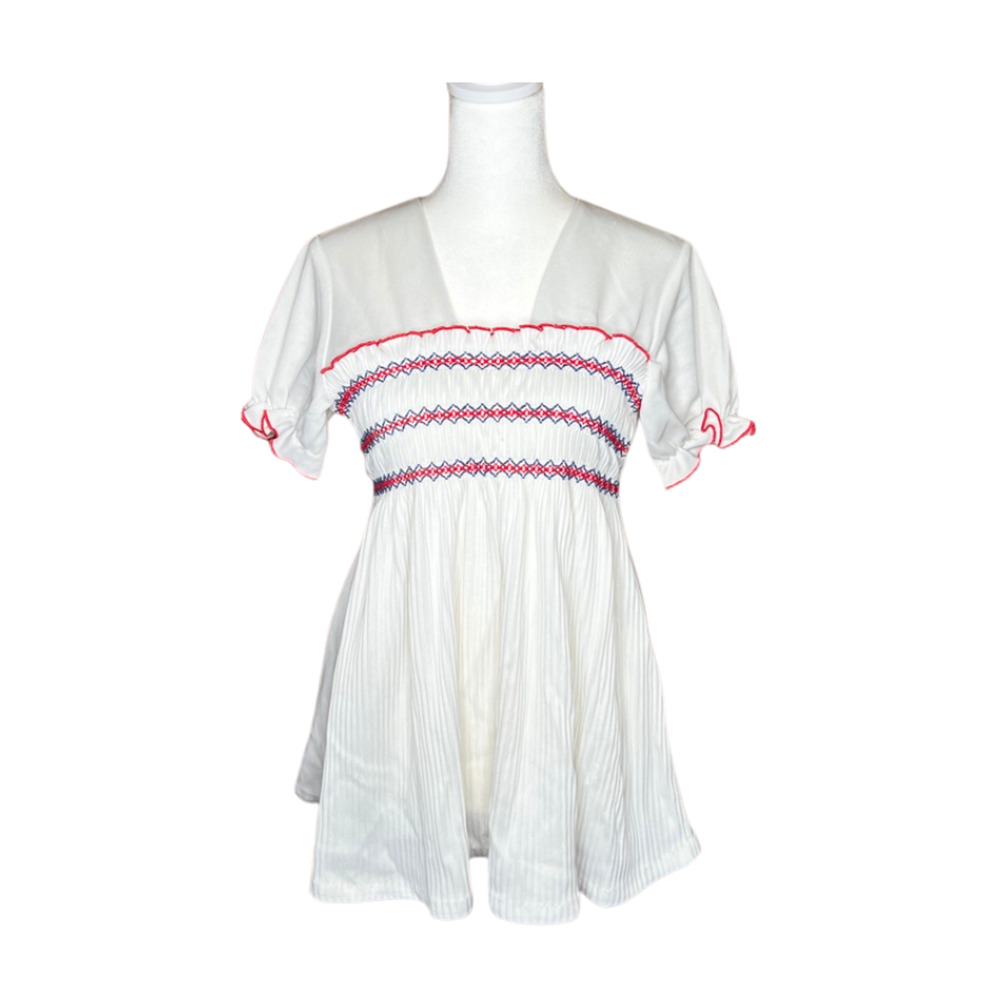 Vtg 60s Smocked Top Embroidered Tie Back Cottagecore Ren Faire Patriotic Kitsch